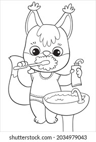 Coloring. The cartoon squirrel is brushing his teeth.