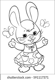  Coloring. Cartoon Vector Illustration. Isolated on white background. Bunny in a dress.