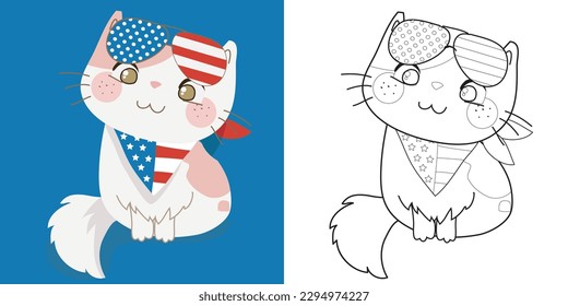 Colorando el kit de actividades para gatos para niños. 4 de julio página de colorear para niños de preescolar y preescolar. Colorando el lindo gatito. Hoja de trabajo de coloreado educativo imprimible. Archivo vector.