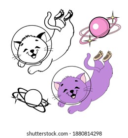 Coloring cat astronaut in space. Linear vector illustration isolated
