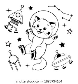 Coloring cat astronaut in space. Linear vector illustration isolated on a white background