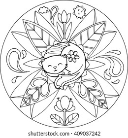 Coloring cat with flowers and leaves. Vector animal mandala.