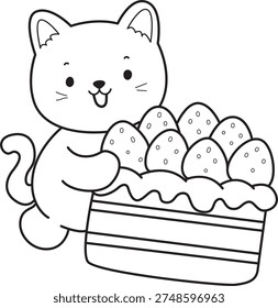 Coloring cat, A cat hides inside a strawberry tart box.