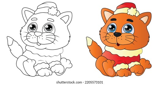 Coloring Cat New Year, Clipart Of A Cute Cat In A New Year's Costume, Vector Illustration Color And Black And White, Print Cat