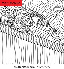 Coloring cat page for adults. Funny baby kitten sleeping on the pillow. Hand drawn illustration with patterns. Zenart