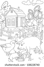 coloring cat, pig, house