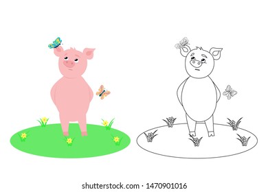 coloring character little pig surrounded by butterflies