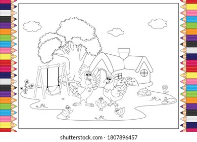 coloring chicken family with house background for kids, simple vector illustration
