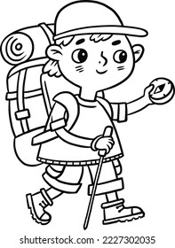 Coloring child illustration. Boy character hiker walking with compass and backpack.