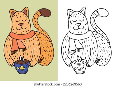 Coloring childish page. Linear monochrome and colored version of illustration. Illustration for coloring book. Cute cat for children coloring book.