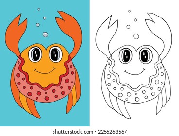 Coloring childish page. Linear monochrome and colored version of illustration. Illustration for coloring book. Cute crab underwater for children coloring book.