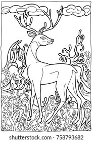 Coloring for children and adults. Deer. Hand drawn. Black and white vector illustration.