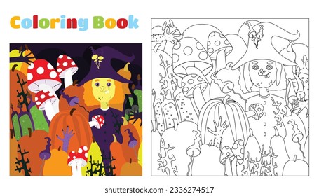 Coloring for children and adults. Coloring for children and adults. A funny witch among taverns, bottles with potions or poison, mushrooms, branches and someone's blue hairy hands with claws. 