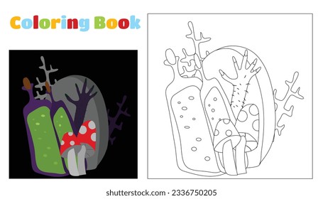 Coloring for children and adults. Halloween tombstone, stretching purple scary hairy hand with claws, branches, amanita mushrooms and bottles of potion on a black background. Mystical atmosphere.