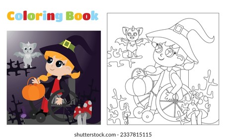 Coloring for children. Coloring for children and adults. A little witch rides in a wheelchair among the forest, branches and mushrooms with a basket. Halloween coloring pages.