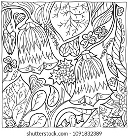 Coloring for children and adults. A pattern of plant elements, leaves, flowers. Hand drawn. Black and white vector illustration.