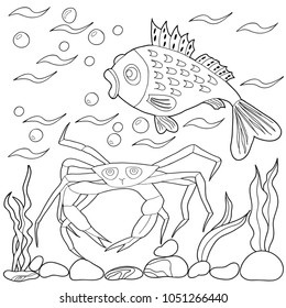 Coloring for children and adults. Sea creatures. Crab, fish. Hand drawn. Black and white vector illustration.