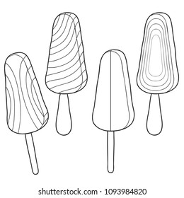Coloring for children and adults. A set of ice cream on a stick. Hand drawn. Black and white vector illustration.
