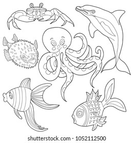 Coloring for children and adults. Set of marine animals. Crab, octopus, dolphin, porcupine fish, fish. Hand drawn. Black and white vector illustration.