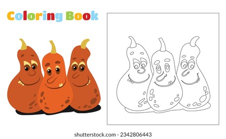 Coloring for children and adults. Three pumpkins among the branches. Pumpkins have faces, eyes, and mouths. Halloween character design.