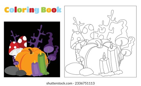 Coloring for children and adults.Vector Halloween collage. Pumpkin and mushrooms toadstool and amanita and ritual candles and branches on a black background. Mystical atmosphere in a cartoon style.