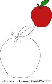 Coloring for children apple with a sample. Black and white and color apple illustration. Paint the apple according to the model. We study fruits. Coloring fruit apple