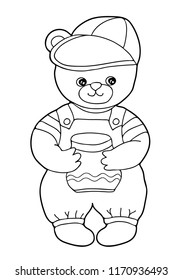 Coloring for children. Bear with a barrel. Black and white vector illustration.