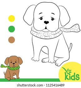 Coloring for children black and white. Vector illustration. Dog with scarf