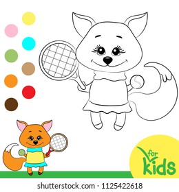 Coloring for children black and white. Vector illustration. Fox playing tennis