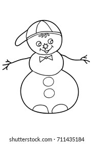 Coloring for children. Cheerful snowman.  Hand drawn. Black and white vector illustration.