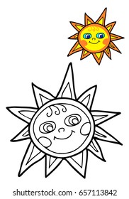 Coloring for children. Cheerful sun. The hand is drawn. Black and white vector illustration.