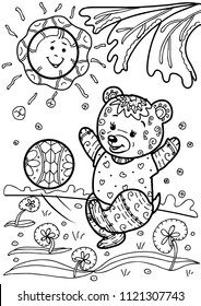 Coloring for children. Doodle. The bear plays with a ball.