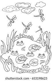 Coloring for children.  Frogs in the swamp. Hand drawn. Black and white vector illustration.