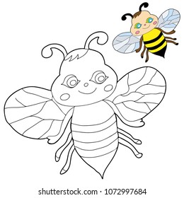 Coloring for children. Funny bee. Hand drawn. Black and white vector illustration.