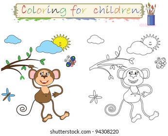 Coloring for children , funny  cute monkey, vector.