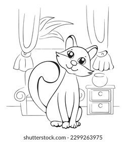 Coloring for children Funny kitten Hand drawn Black and white vector illustration