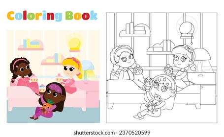 Coloring for children. The children had a pajama party. The girls are dressed in pajamas and are in the bedroom. The bedroom has a bed, a bedside table and a lamp.