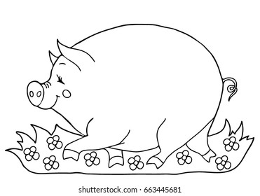 Coloring for children. A merry pig.  Hand drawn. Black and white vector illustration.