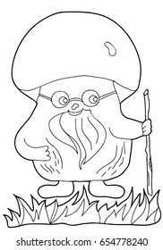 Coloring for children. Mushroom.  Hand drawn. Black and white vector illustration.