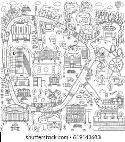 Coloring for children on the theme of the city, consisting of twelve urban districts. Vector graphics