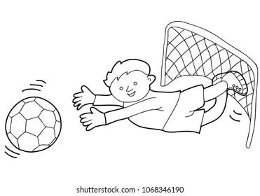 Coloring for children. Playing with the ball. Hand drawn. Black and white vector illustration.