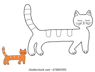 Coloring for children. Red cat.
 Hand drawn. Black and white vector illustration.