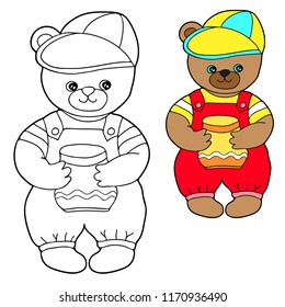  Coloring for children with a sample for coloring. Bear with a barrel. Black and white vector illustration.