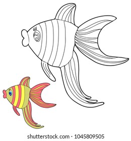 Coloring for children. Sea creatures. A fish. Hand drawn. Black and white vector illustration.