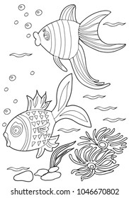 Coloring for children. Sea creatures. Fish.  Hand drawn. Black and white vector illustration.