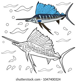 Coloring for children. Sea creatures. Fish sailer. Hand drawn. Black and white vector illustration.