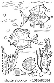 Coloring for children. Sea creatures. Hand drawn. Black and white vector illustration.