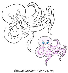 Coloring for children. Sea creatures. Octopus. Hand drawn. Black and white vector illustration.