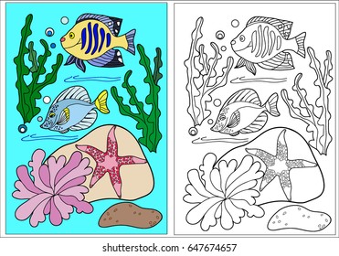 Coloring for children. Sea creatures. Under the water. Hand drawn. Black and white vector illustration.