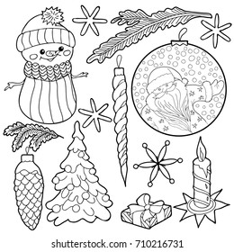Coloring for children. Set of decorative Christmas elements. Snowman, candle, cone, icicle, ball, tree, spruce branch, snowflake. Black and white vector illustration.